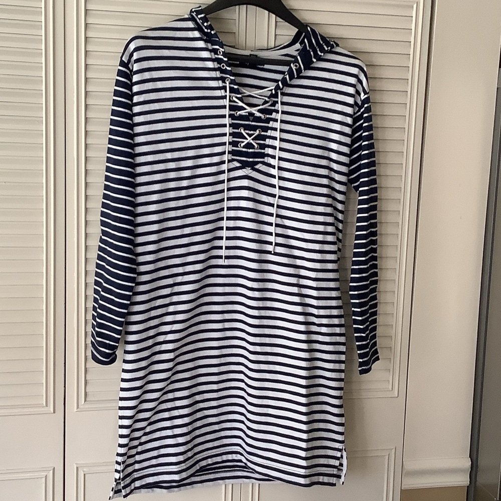 Chaps Navy and White Striped Lace-Up Tunic Hoodie
